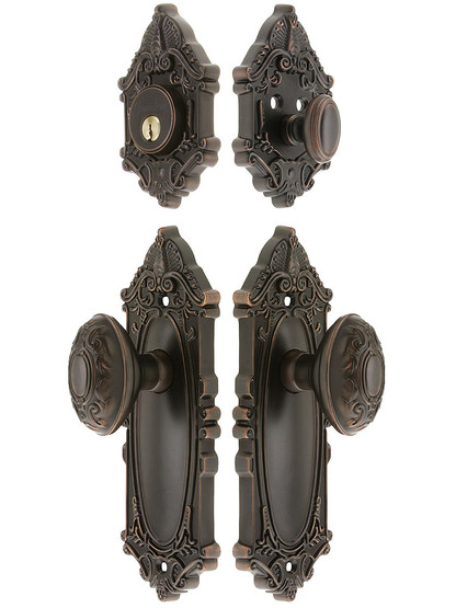 Grandeur Grande Victorian Entrance Door Set, Keyed Alike with Decorative Oval Knobs in Oil-Rubbed Bronze.